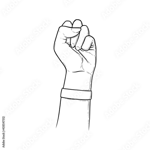 Fist raised in the air. Hand gesture as symbol of fight, freedom and determination. Sketch vector illustration isolated in white background