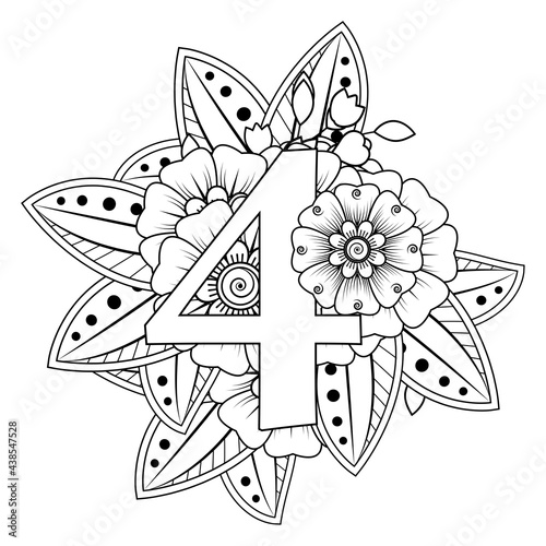 Number 4 with Mehndi flower. decorative ornament in ethnic oriental style. coloring book page. 