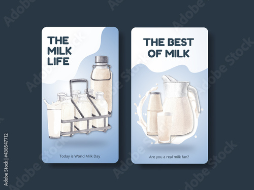 Instagram template with world milk day concept,watercolor style