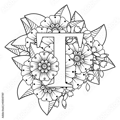 Letter T with Mehndi flower. decorative ornament in ethnic oriental style. coloring book page. 