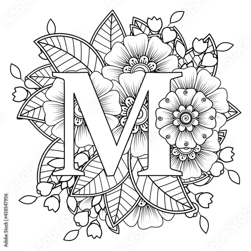 Letter M with Mehndi flower. decorative ornament in ethnic oriental style. coloring book page. 