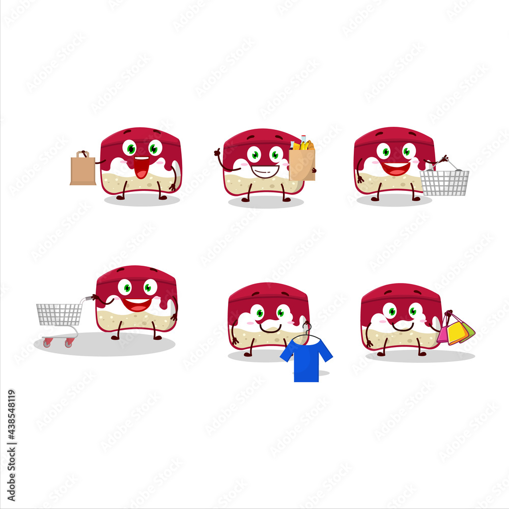 A Rich cherry cake mascot design style going shopping