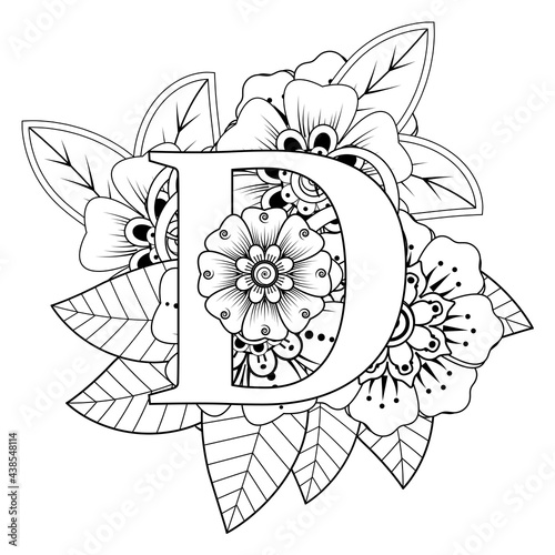 Letter D with Mehndi flower. decorative ornament in ethnic oriental style. coloring book page. 