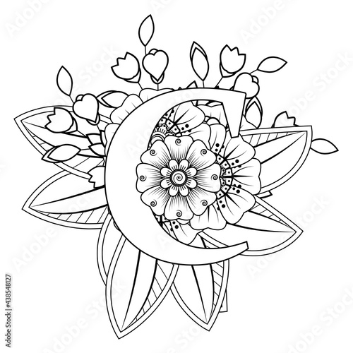 Letter C with Mehndi flower. decorative ornament in ethnic oriental style. coloring book page. 
