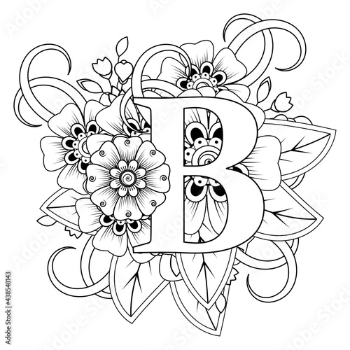 Letter B with Mehndi flower. decorative ornament in ethnic oriental style. coloring book page. 