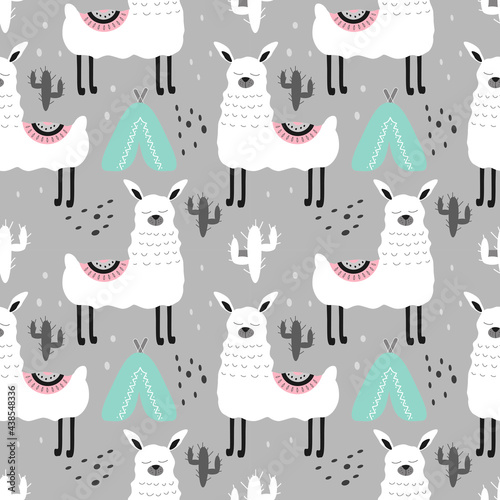 vector seamless pattern with cute hand drawn white alpacas and cacti on grey background. trend illustration in flat style