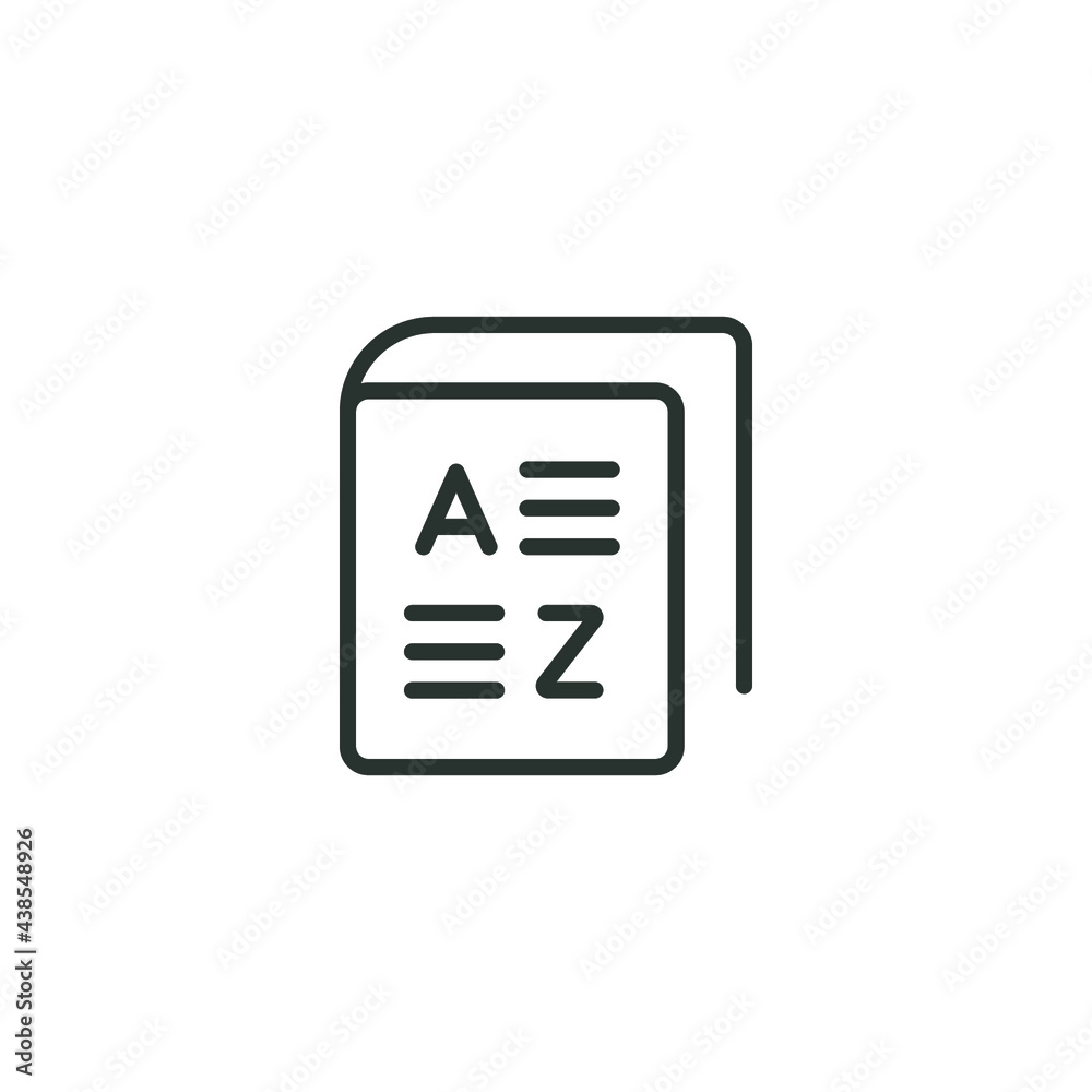 Glossary, vocabulary line icon. Simple outline icon. Grammar, english, study, symbol, dictionary, language, read, book concept. Vector illustration isolated on white background. Thin stroke EPS 10 Glossary, vocabulary line icon. Simple outline icon. Grammar, english, study, symbol, dictionary, language, read, book concept. Vector illustration isolated on white background. Thin stroke EPS 10