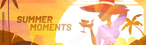 Summer moments poster with silhouette of woman in hat with cocktail on background of sunset. Vector banner of beach party with cartoon illustration of girl with drink, sun and palm trees