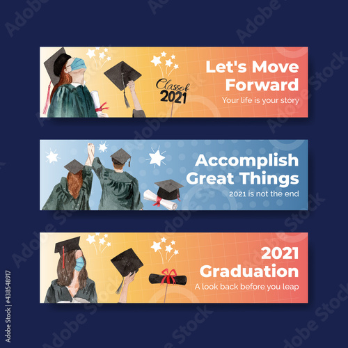 Banner template with class of 2021 concept,watercolor style