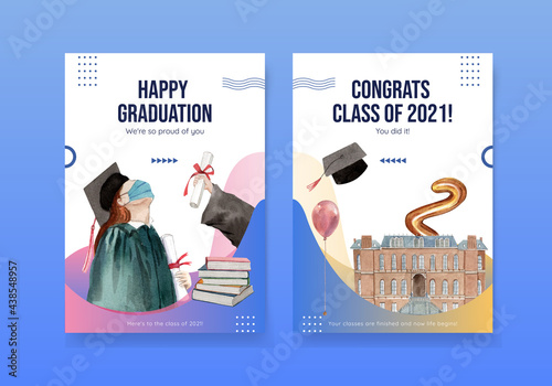 Card template with class of 2021 concept,watercolor style
