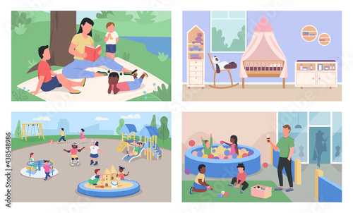 Childcare and daycare flat color vector illustration set. Reading book. Kindergarten children and teacher 2D cartoon characters with outdoor and indoor playzones on background collection