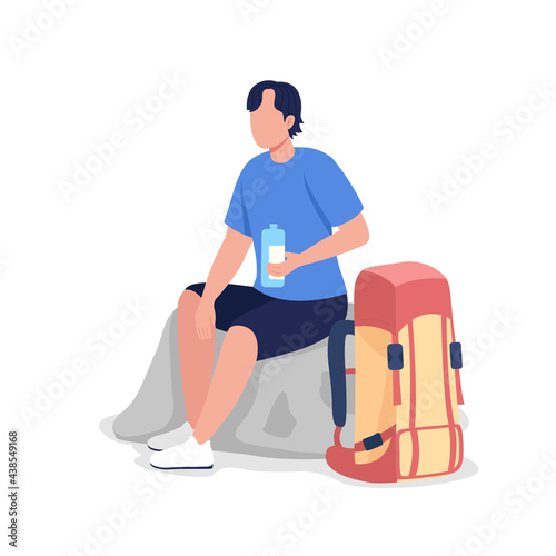 Hiker drinking water semi flat color vector character. Tourist figure. Full body person on white. Outdoor activity isolated modern cartoon style illustration for graphic design and animation