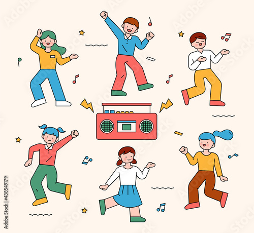  Children are dancing with the radio in the center. outline simple vector illustration.