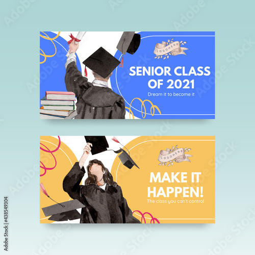 Twitter template with class of 2021 concept,watercolor style