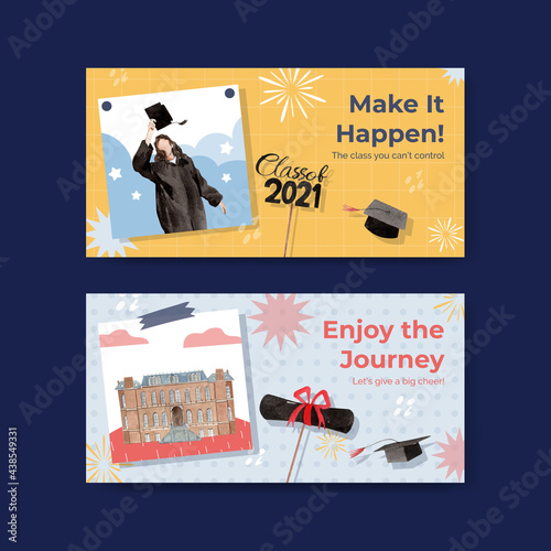 Twitter template with class of 2021 concept,watercolor style