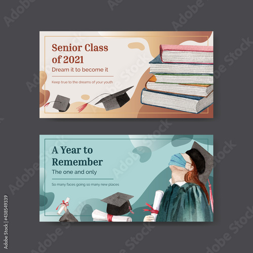 Twitter template with class of 2021 concept,watercolor style