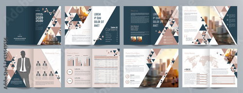 Corporate business presentation guide brochure template, Annual report, 16 page minimalist flat geometric business brochure design template, A4 size.