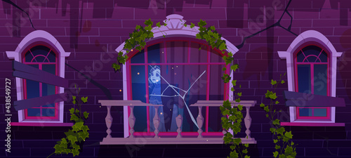 Old haunted house with woman ghost in window. Broken abandoned building with boarded up windows and ivy vines on brick wall. Vector cartoon illustration of spooky vintage house with dead girl spirit