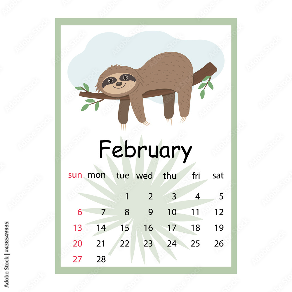 Fototapeta premium Calendar for 2022 cute Sloth characters, color vector illustration in cartoon style
