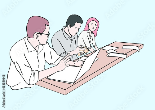 A manager briefs his coworkers at the office desk. Hand drawn style vector design illustrations