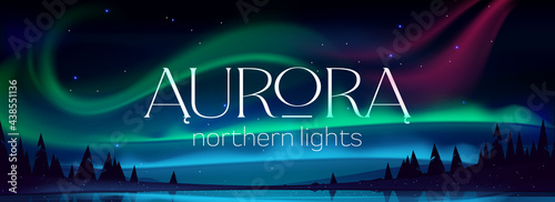 Aurora borealis poster, northern lights in arctic night sky with stars. Vector banner with cartoon winter landscape with lake, silhouettes of trees and green, blue and pink polar lights