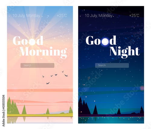 Mobile phone onboard screens, good night and good morning pages with nature landscape, date and temperature, search browser, vidget background, application template. Cartoon user interface design