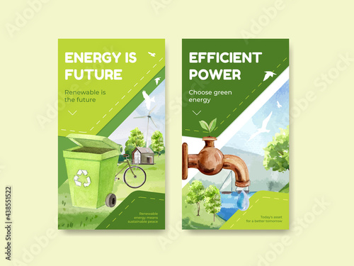 Instagram template with green energy concept,watercolor style