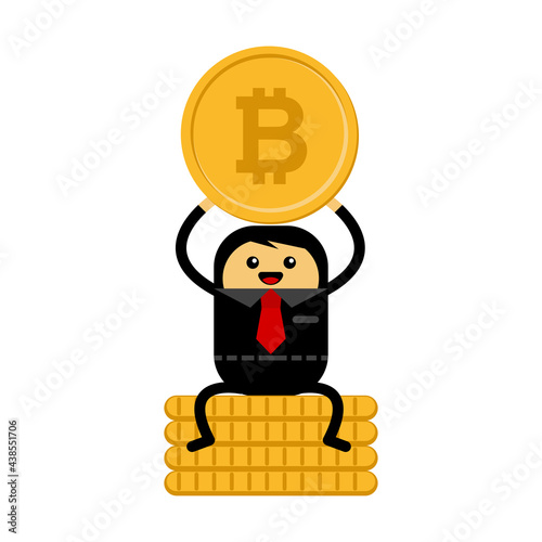 Illustration vector graphic cartoon character of cute chibi businessman earn bitcoin. Suitable for crypto currency content.