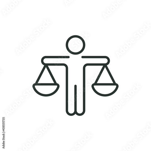 Man with scales icon. Simple outline style. Integrity, lawyer, person, justice, legal, law, judge, balance, equality concept. Vector illustration isolated on white background. Thin stroke EPS 10.