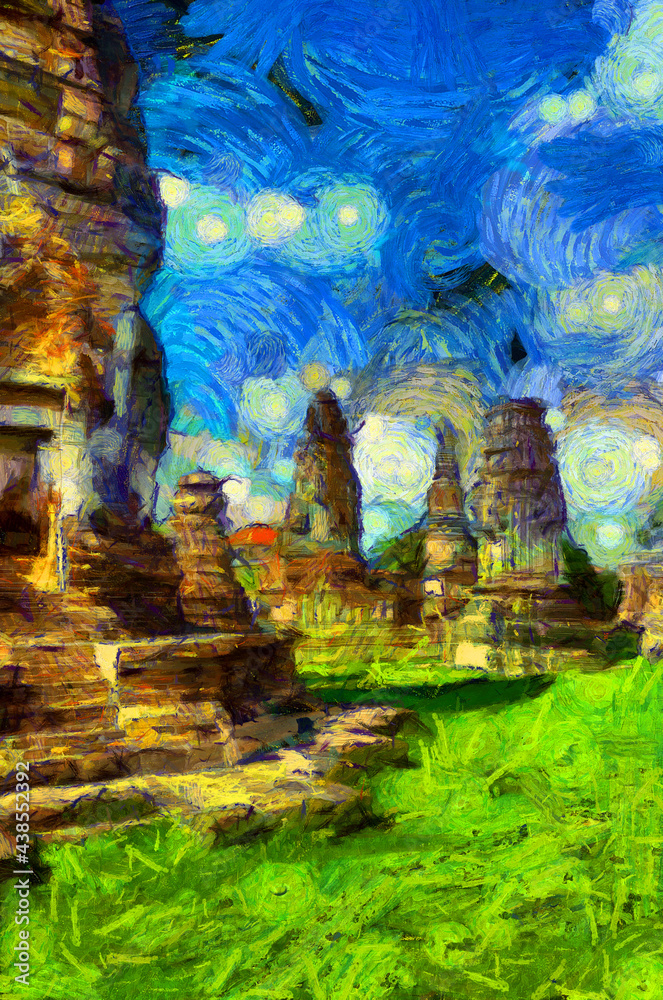 Fototapeta premium Ancient thai architecture landscape Illustrations creates an impressionist style of painting.