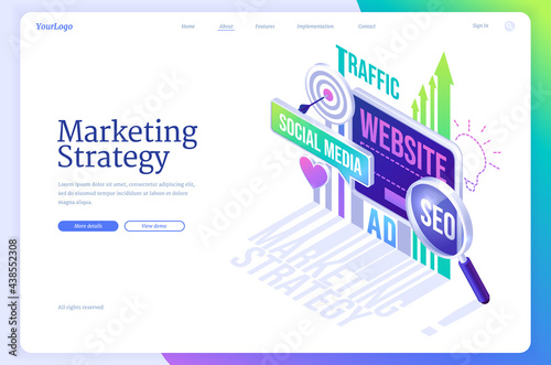 Marketing strategy isometric landing page. Business concept with digital device screen, finance analysis graphs, magnifying glass, seo, social media ad and traffic data charts, 3d vector web banner