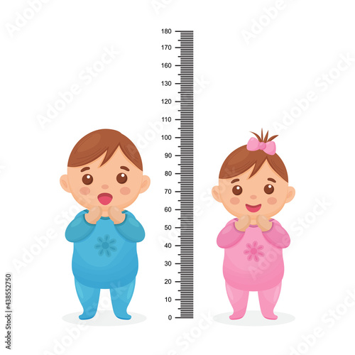 Kids meter wall with a cute cartoon boy, girl and measuring ruler. Vector illustration of an boy and girl isolated.