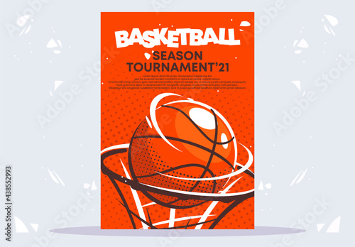 vector illustration of a poster template for a basketball tournament, a basketball ball flies into the ring