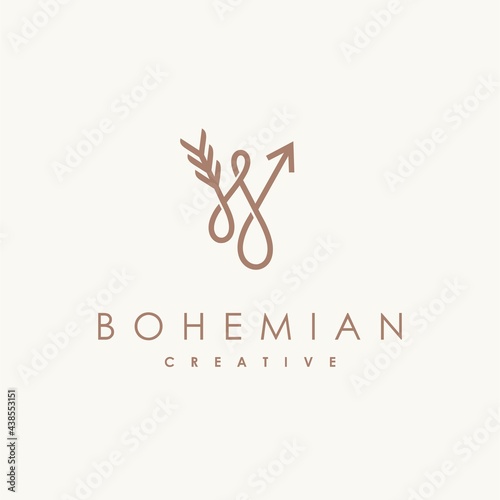 Feather and archer logo with letter W concept, bohemian logo design