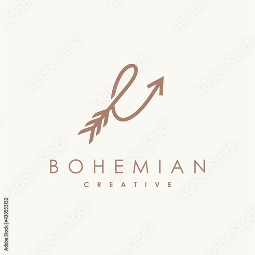 Feather and archer logo with letter e concept, bohemian logo design