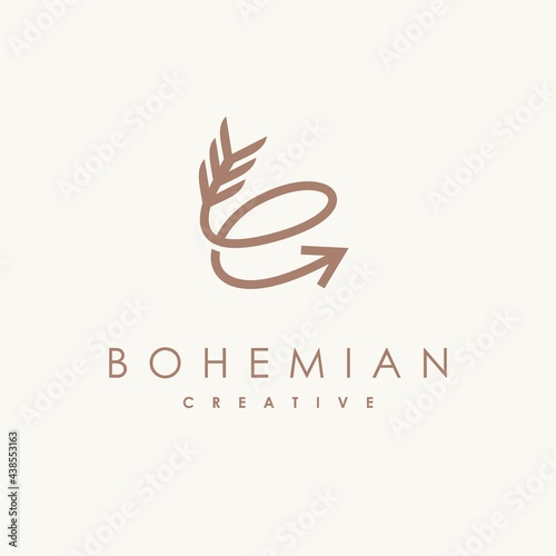 Feather and archer logo with letter e concept, bohemian logo design