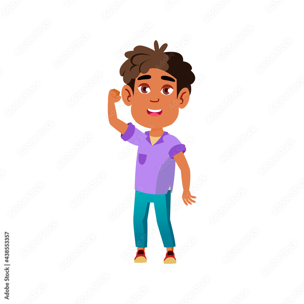 hispanic small boy gesturing team strong power on field cartoon vector. hispanic small boy gesturing team strong power on field character. isolated flat cartoon illustration