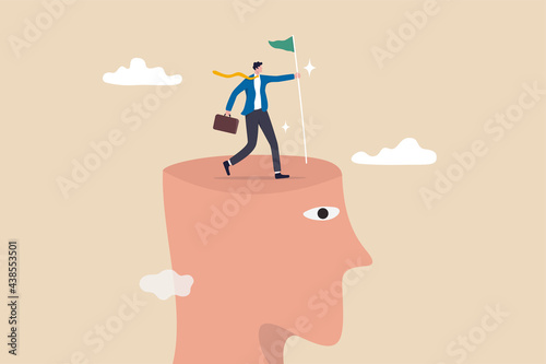 Success mindset, mentor or inspiration to succeed in work or business, growth and career development concept, success businessman climbing on top of his mind holding winning flag for business goal.