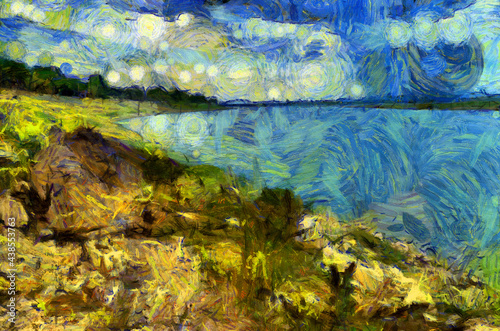 Landscape of the river Illustrations creates an impressionist style of painting.
