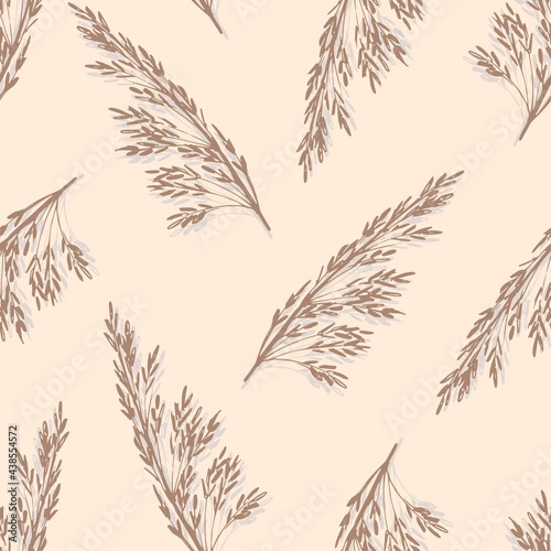Hand drawn gentle calm simple floral vector seamless pattern in pastel colors. Gray inflorescences of panicles of pampas grass on a light pink background. For printed fabrics, textiles, boho decor.
