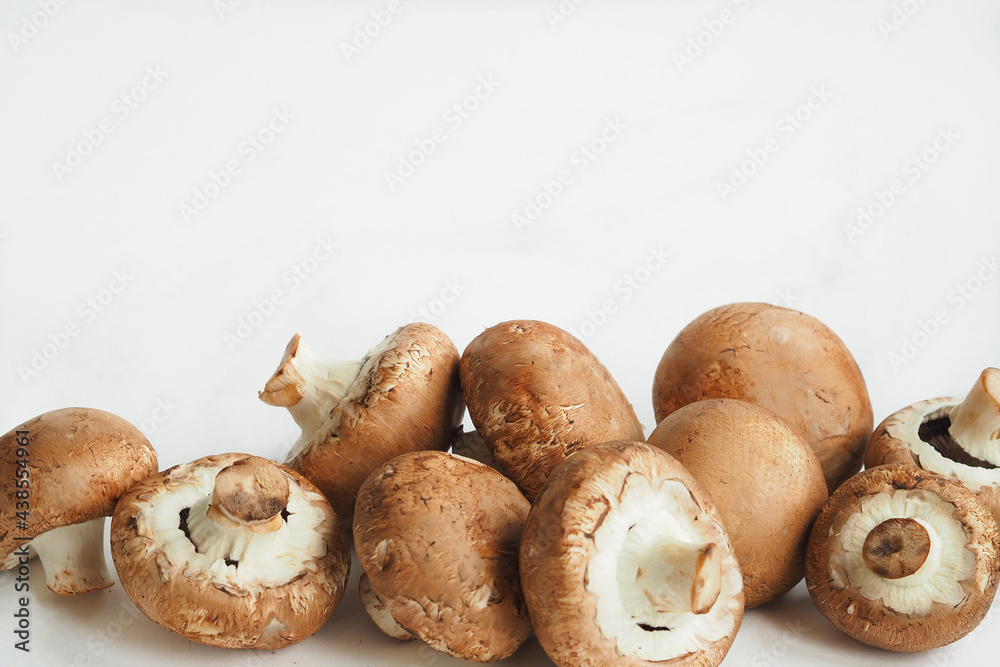 Fresh champignons, mushrooms close-up isolated on a white background with a place for an inscription. High quality photo Fresh champignons, mushrooms close-up isolated on a white background with a place for an inscription. High quality photo