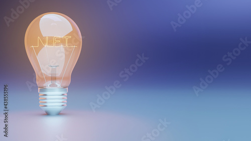 Single lightbulb with filament spelling NFT and space for text