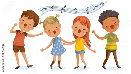 Children singing. boys and girls singing together happily. cute cartoon Enjoy the rhythm. Have fun in childhood.Cute Cartoon Character Personality.