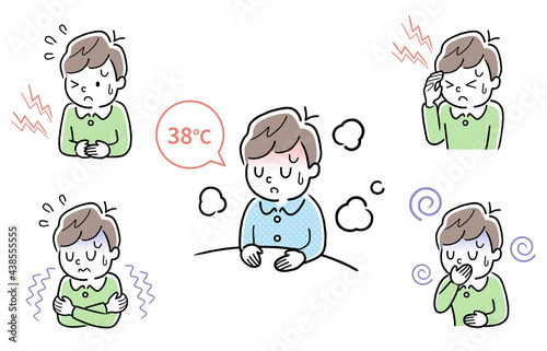 ベクターイラスト素材：体調不良の男の子、セット
