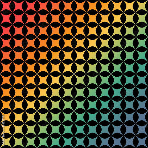 Patrón de estrellas de cuatro puntas en colores del arcoiris con degradado sobre fondo nego photo