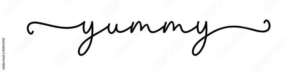 YUMMY. Continuous line typography text. Hand drawn lettering cursive script delicious word yummy. Vector inscription yummy font logo for food design.