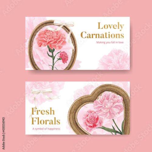 Twitter template with carnation flower concept, watercolor style