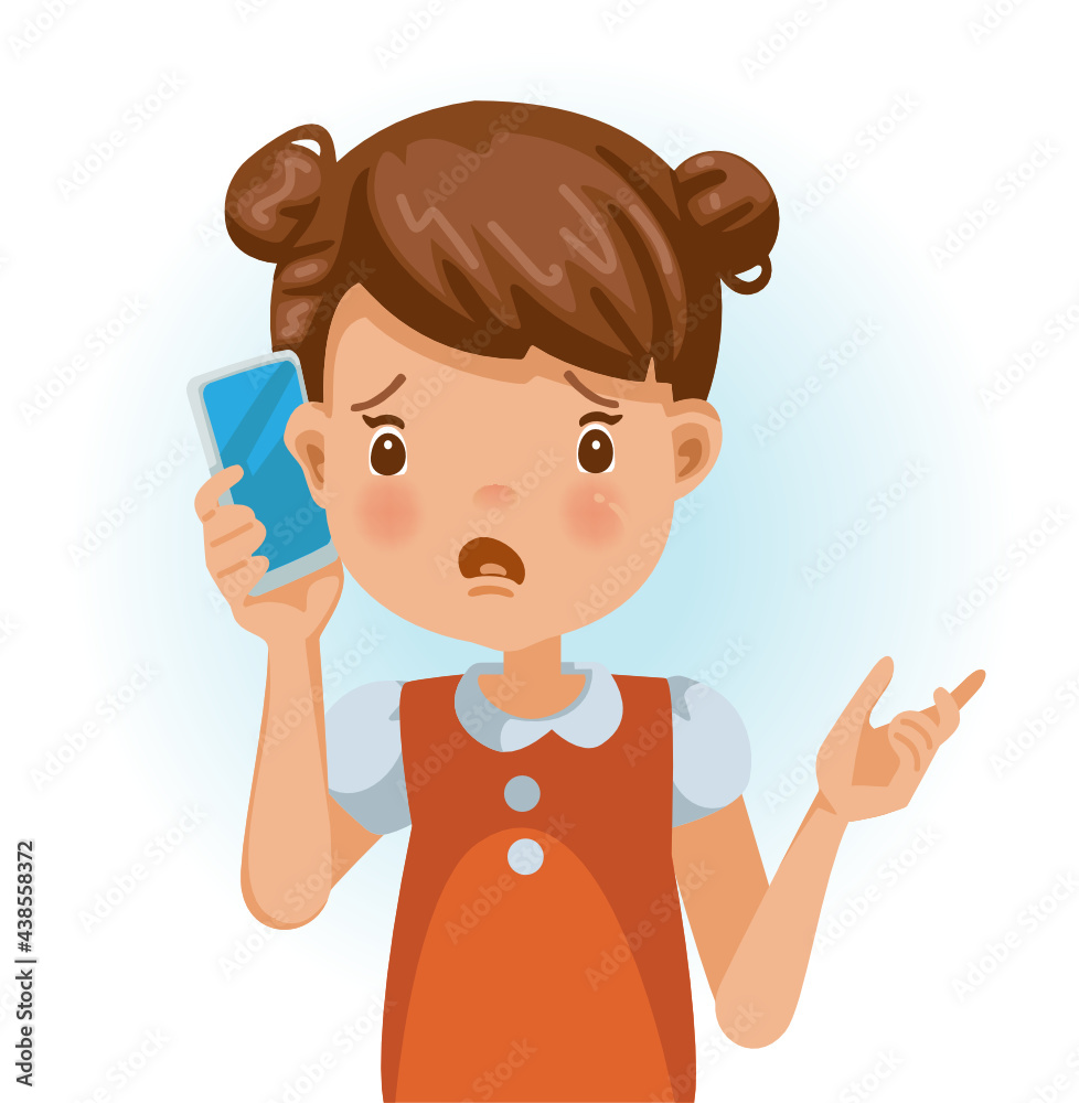 Little girl use cell phone. Talking with negative emotions. Cartoon  character Stock Vector | Adobe Stock