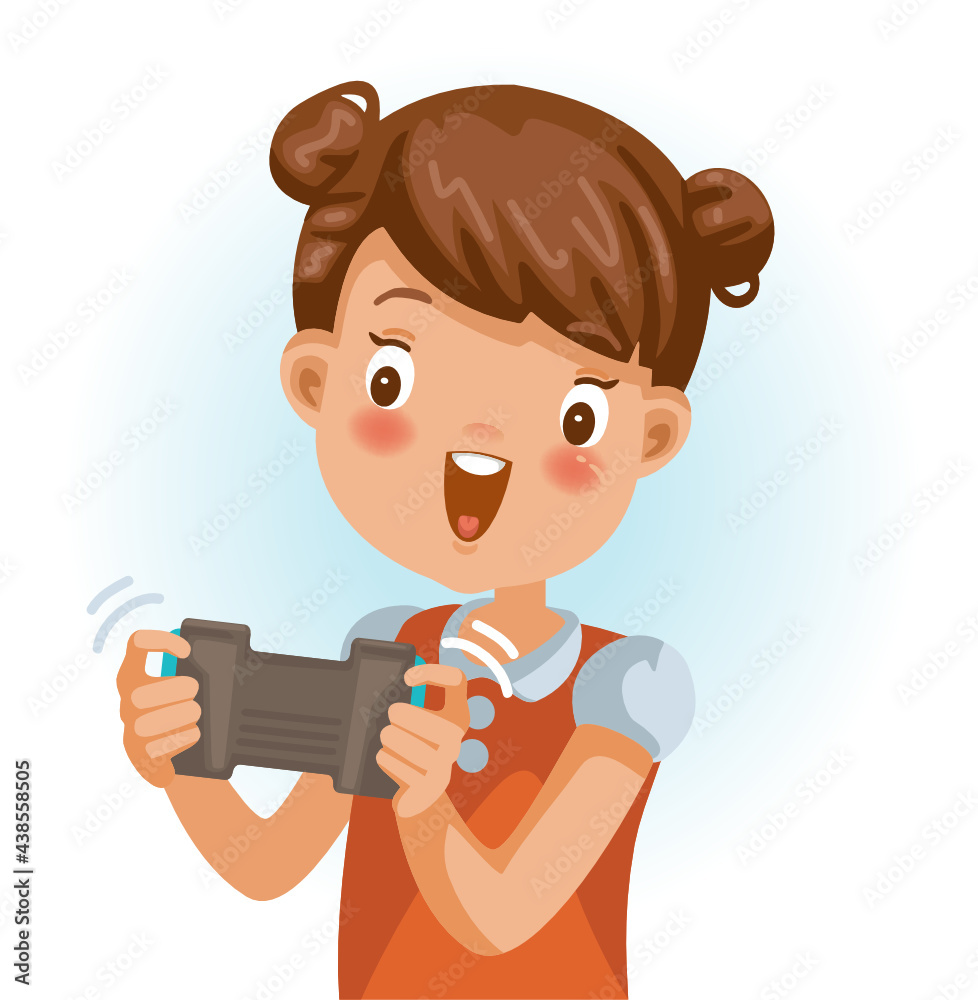 Little girl, red shirt. Using game control equipment. Fun, smiling, excited with the child's play. Cartoon character Little girl, red shirt. Using game control equipment. Fun, smiling, excited with the child's play. Cartoon character