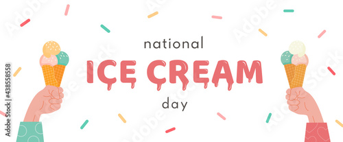 Happy National Ice Cream Day horizontal banner. A waffle cone with various fruit ice cream scoops. Gelato or sorbet in hand. Vector square banner in flat cartoon style.